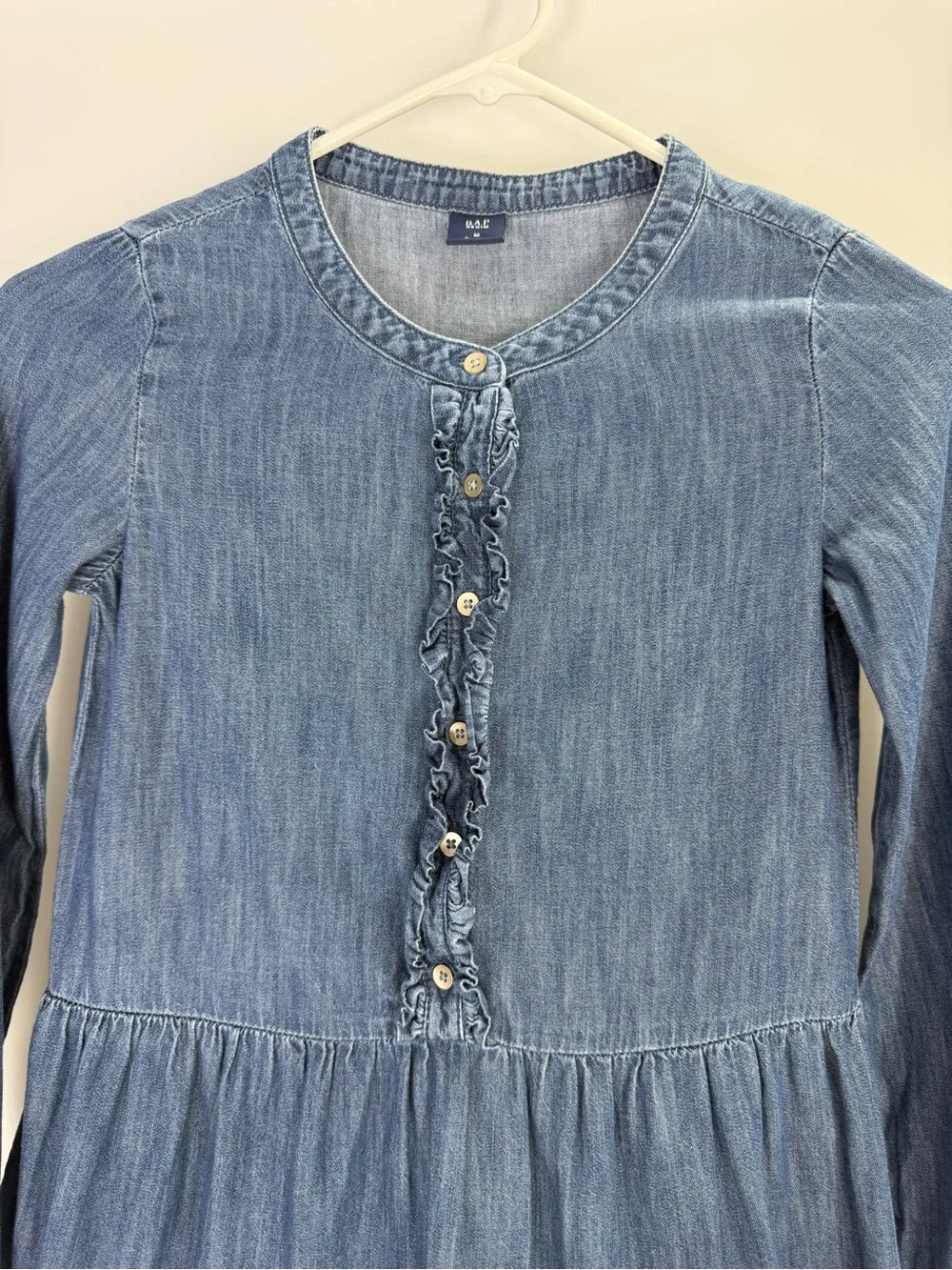Gap Denim Kids Chambray Ruffle Drop Waist Long Sleeve Button Dress Size Medium